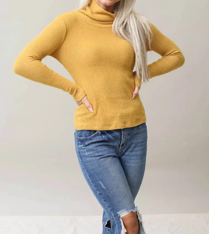 Women's Holiday Clothing Ribbed Soft Cowl Neck Top In Dark Mustard