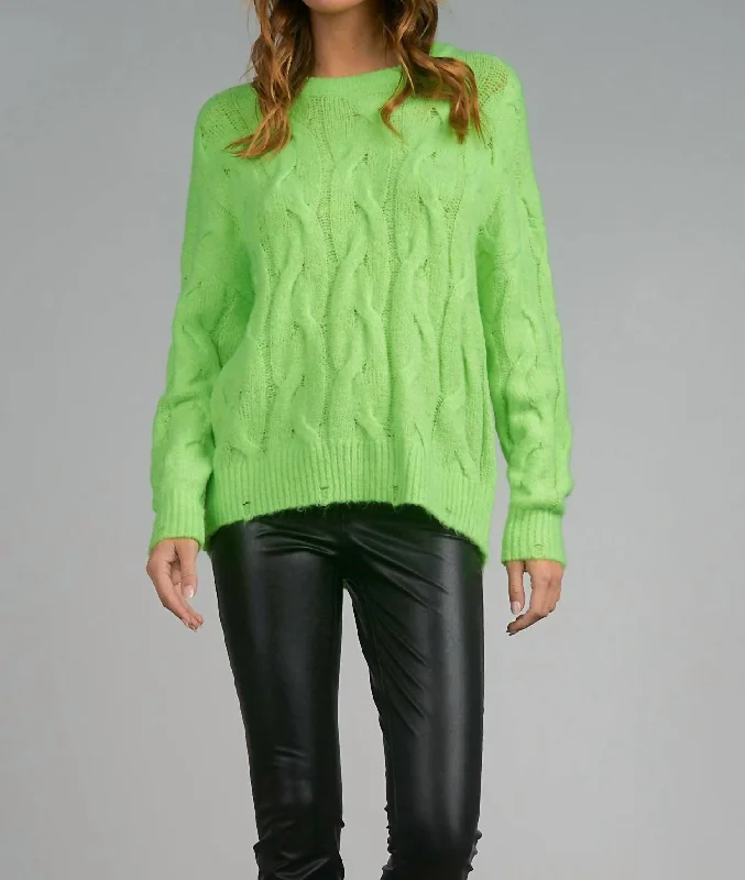 Women's Clothing With Trendy Designs Crew Neck Cable Sweater In Lime