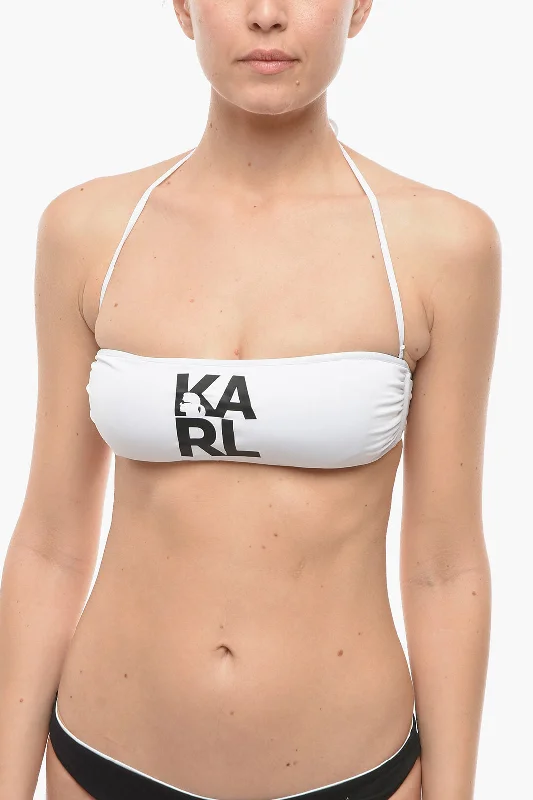 Women's Stylish Professional Apparel Karl Lagerfeld Solid Color Bandeau Bikini Top with Printed Contrasting Logo