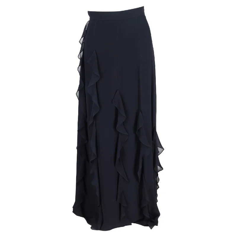 Women's Chic Outfit Max Mara Serafin Frilled Long Skirt in Navy Blue Silk