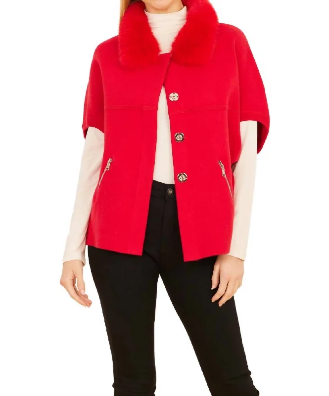 Women's Holiday Attire Faux Fur Trim Cardigan In Red