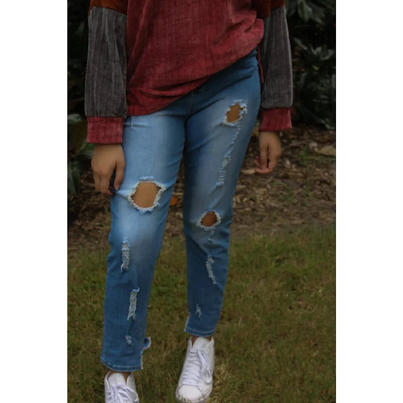 Women's Chic Outerwear Outfit High Waisted Distressed Jeans In Blue