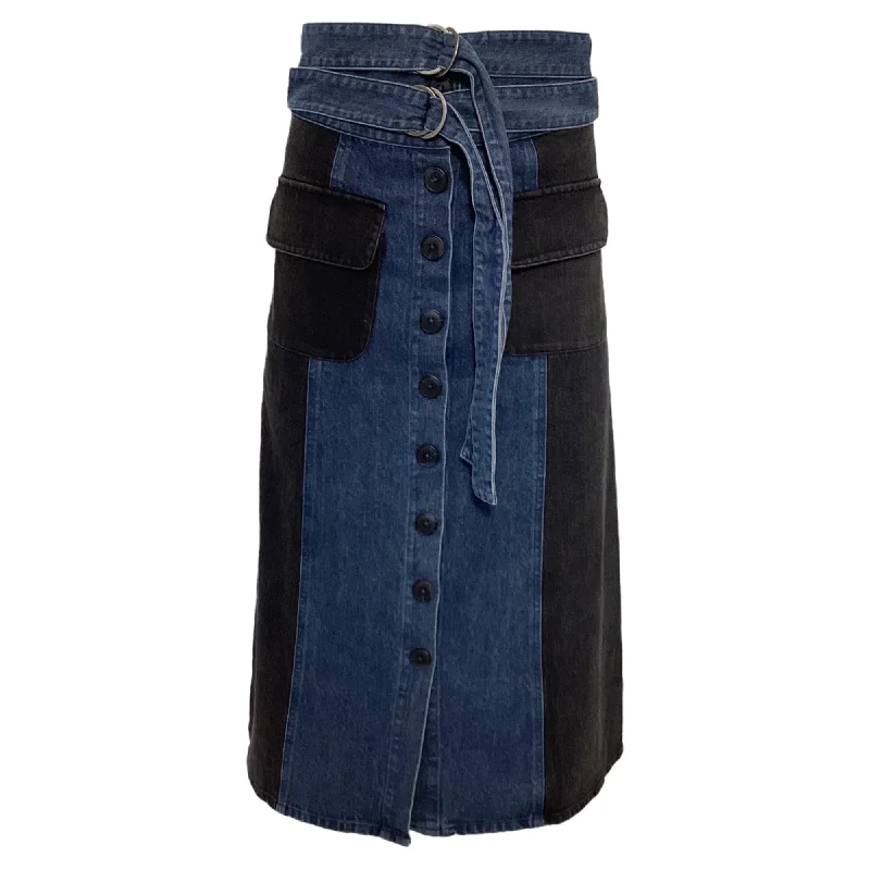 Women's Casual Wear Outfit Sea New York Double-Belted Midi Skirt in Blue and Black Cotton Denim