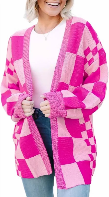 Women's Trendy Apparel Checkered Open Front Knit Cardigan In Pink