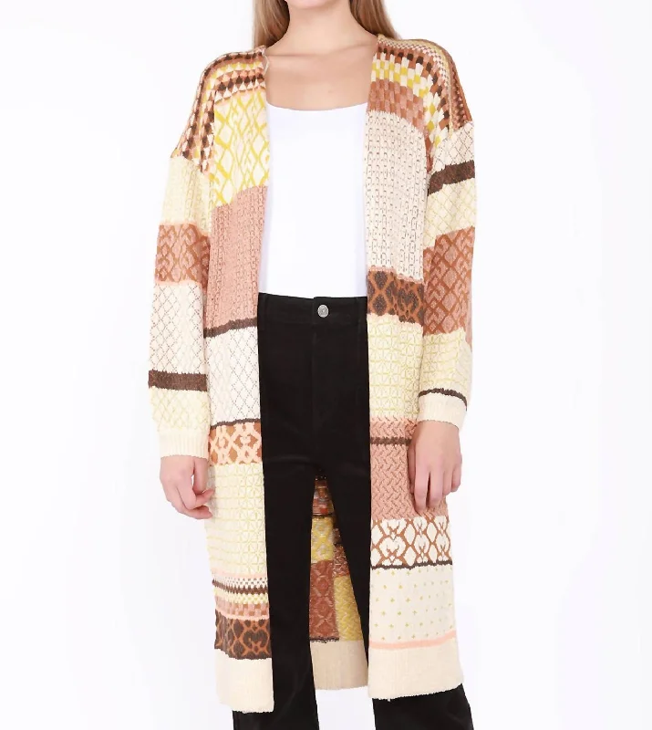 Women's Clothing For Casual Outings Textured Patchwork Stripe Cardigan In Multi Beige/brown