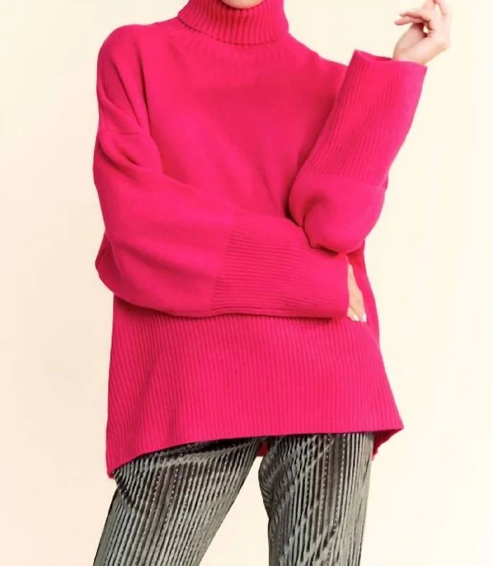 Women's Evening Clothes Long Sleeve Turtle Neck Sweater In Fuchsia