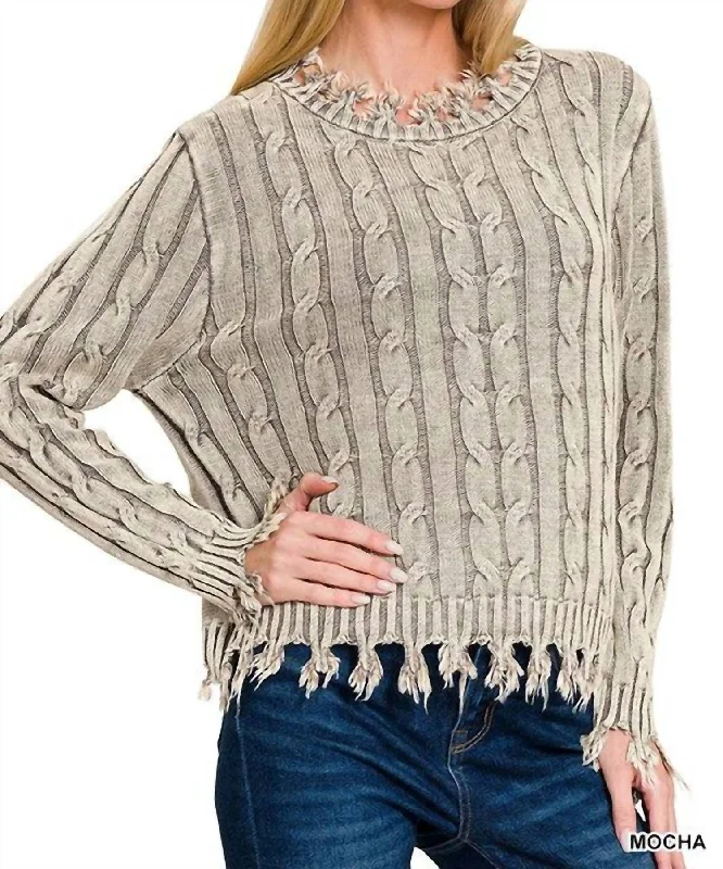 Affordable Fashion for Women Bonnie Washed Cable Knit Fringe Sweater In Mocha