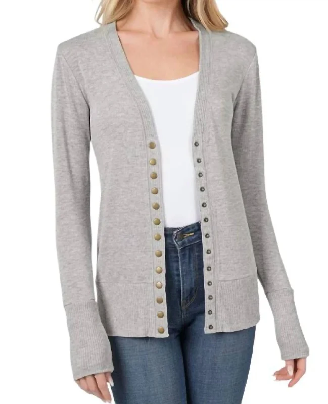 Trendy Boutique Online Torie Ribbed Detail Snap Button Cardigan In Grey