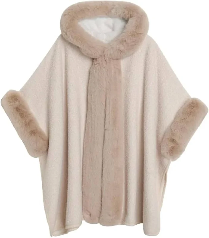 Charming Women's Holiday Apparel Faux Fur Trim Hooded Poncho In Cream