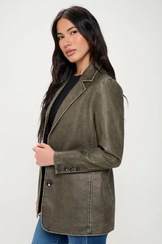 Women's Travel Apparel Olive Vegan Leather Blazer