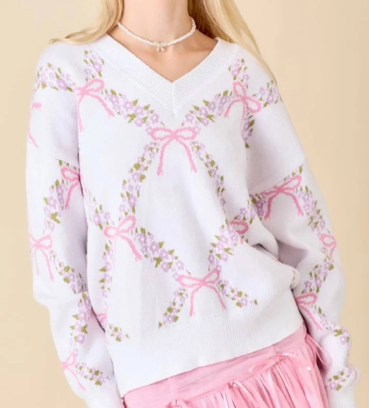 Women's Seasonal Fashion Trends Floral Bow Vneck Sweater In White/pink