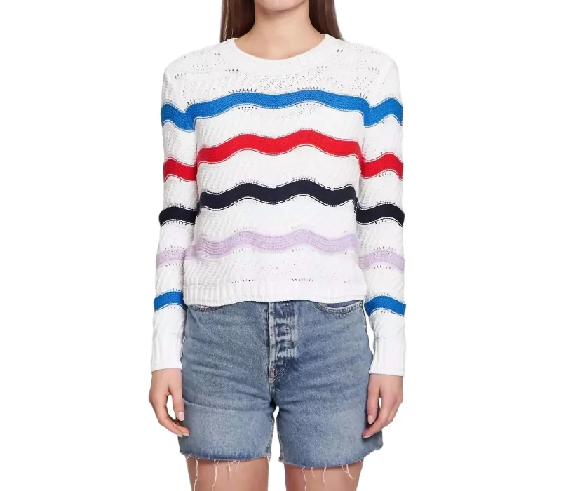 Women Fashion Wavy Stripe Crew Sweater In White/bright