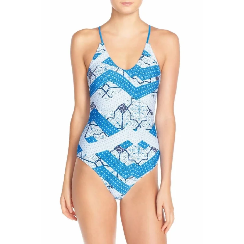 Stylish And Comfortable Clothing For Women Geometric Print One-Piece In Indigo Waters Blue