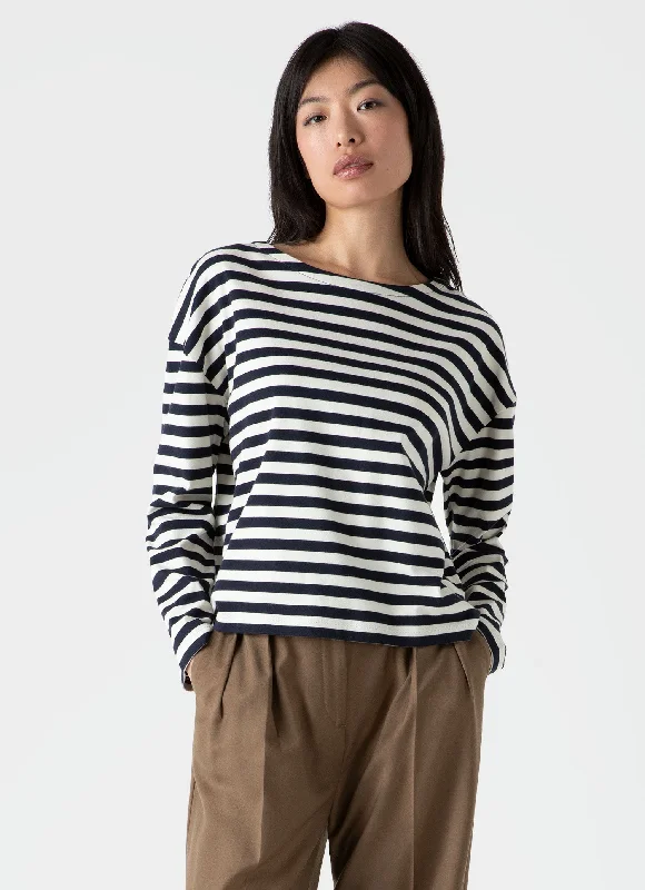 Comfortable Casual Women's Clothing Women's Long Sleeve Boatneck T-shirt in Navy/Ecru Block Stripe